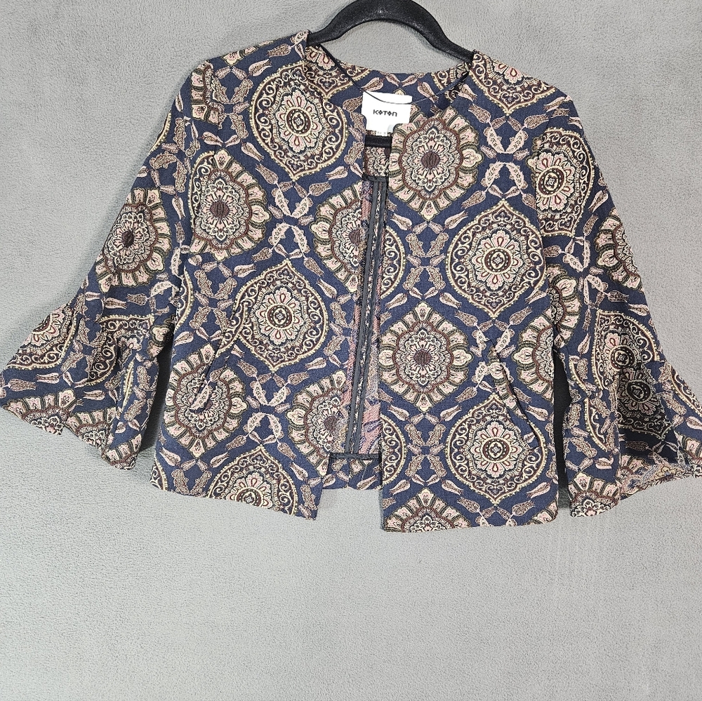 Koton Women 6 Tapestry Blazer Floral Blue Pink Open Front 3/4 Flare Sleeve Boho